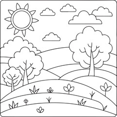 Simple Sunny Landscape Coloring Page for Kids Featuring Rolling Hills, Trees, and Flowers
