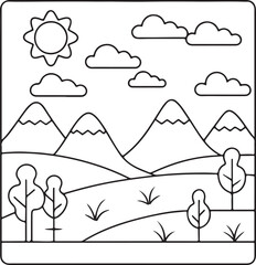Simple Line Drawing of a Sunny Landscape with Mountains and Trees