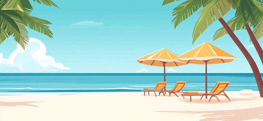 Obraz premium Relaxing Beach with Chairs and Umbrellas Under Palm Trees on Sunny Day