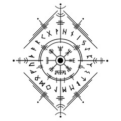 Vegvisir magic navigation compass, ancient viking runic alphabet, used many symbols in accordance to Norse mythology, widely used in Viking society. Vector tattoo, logo icon Wiccan esoteric sign
