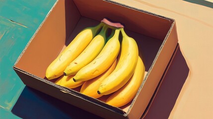 box of tasty bananas on color background