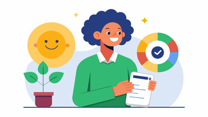 A person looking at their credit score with a big smile now that their student loans are no longer dragging it down.. Vector illustration