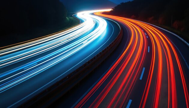 Highway at night with long exposure. Car light trails create dynamic lines in motion blur. Road curve with red, white, blue streaks of light. Transport, speed, fast travel, modern city, urban design.
