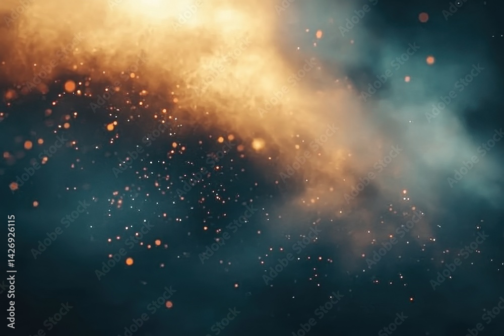 Wall mural dramatic cosmic display with swirling clouds and luminous particles floating through the dark void, 