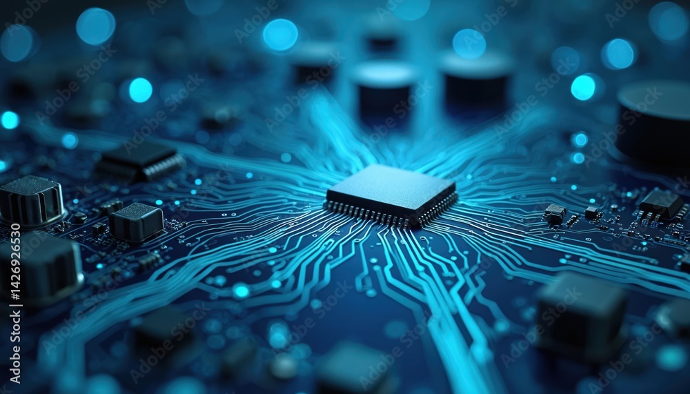 Poster Close-up view of a modern circuit board. Central processor unit on a motherboard with electronic components. Tech concept for data transfer, processing, innovative tech applications, computer tech.