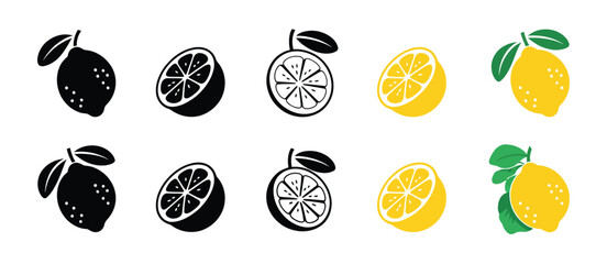 Lemon Fruit Icons Set Black Yellow Graphic Design Elements