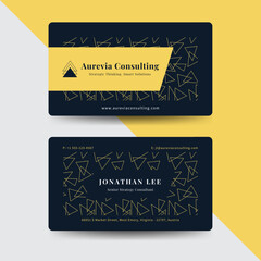 Professional business card with dark theme and geometric accents