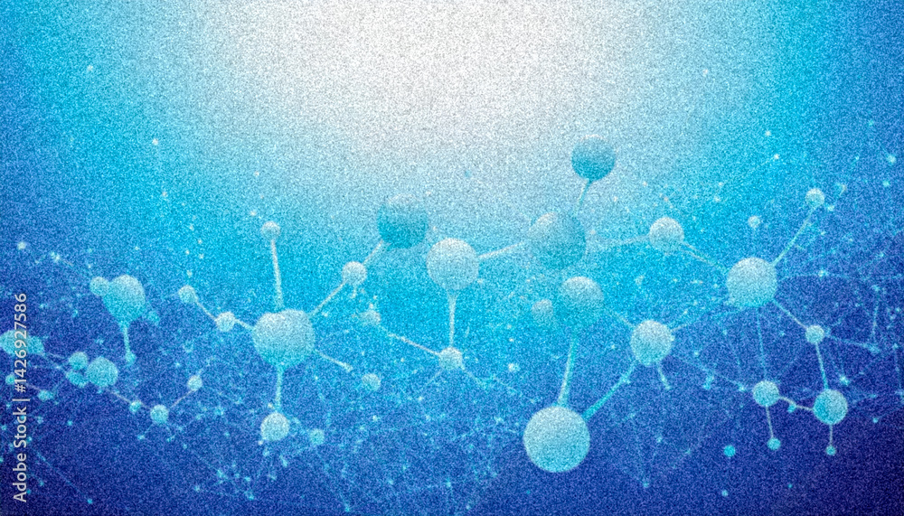 Poster Molecules and atoms in blue background display intricate structure and connectivity in scientific visualization