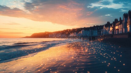 Obraz premium Stunning sunset over a calm beach with beautiful reflections and charming houses along the shore.
