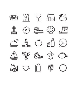 collection de symboles, pictogrammes, ic&ocirc;nes sur la Bretagne, dessin vectoriel, tourisme, breton, coutumes, patrimoine, cuisine, p&ecirc;che, mer, sport, culture, tradition, histoire, r&eacute;gion, France