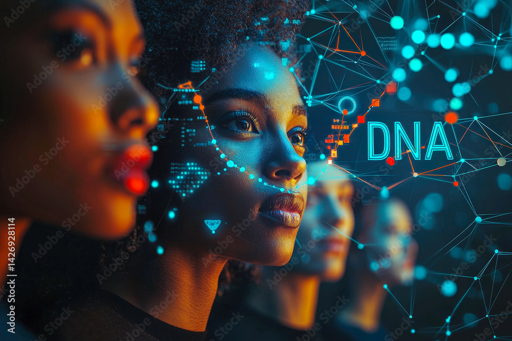 Aufkleber Women exploring the concept of DNA in a modern digital context with illuminated visuals and diverse representation