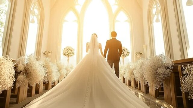 Elegant wedding ceremony scene featuring bride and groom walking down aisle in cathedral