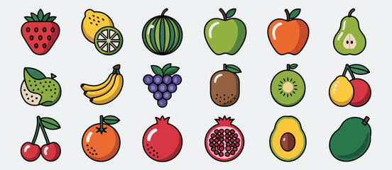 Collection of Colorful Fruit Icons Flat Design