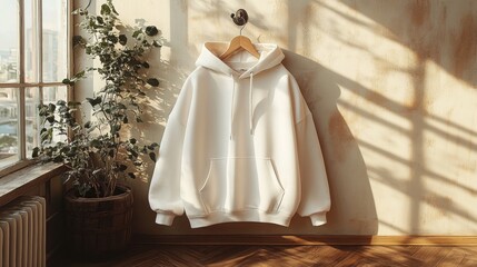 Cream Colored Hoodie Hanging Near Window Sunlit Room Minimalist Style