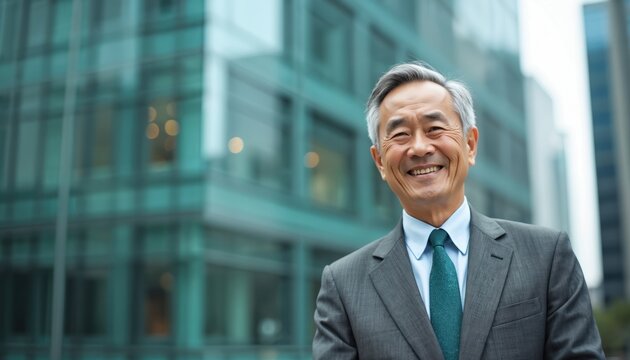 Portrait of smiling asian mature businessman in suit standing outdoors near office building. Confident elder executive looks at camera. Success, business, corporate, leadership, expertise concepts.