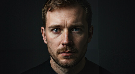 Fototapeta premium Thoughtful man with serious expression against dark background 