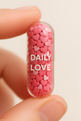 A small glass capsule filled with tiny pink hearts