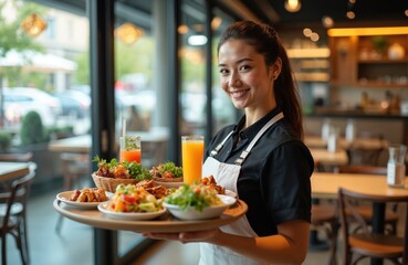 Smiling waitress serves delicious food drinks on wooden tray at restaurant. Asian girl carries cocktails, salads, meat dishes. Catering service, indoor. Pro hospitality, dining experience, meal at © miss irine