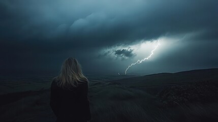 Fototapeta premium A woman stands alone, gazing at a stormy sky with lightning, embodying the tension between nature and self.