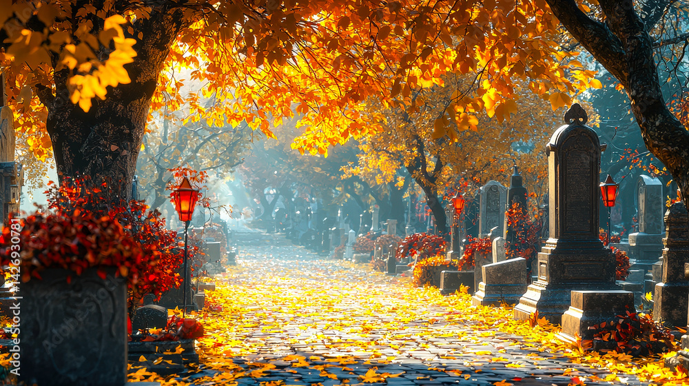 Poster golden leaves blanket a winding pathway in a peaceful cemetery as soft light filters through vibrant