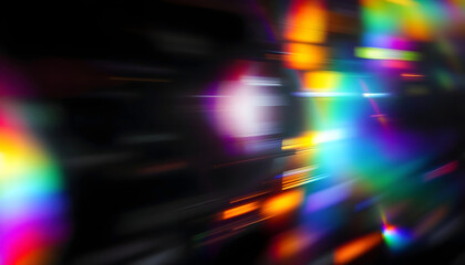 Glowing holographic rainbow refraction with lens flare on a black background