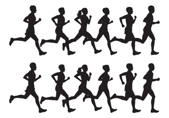 Vector silhouettes of running people depict the sport of marathon with figures in motion