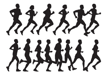 Black vector silhouettes of a running woman and men in a marathon competition