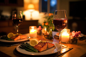 A beautifully arranged dinner featuring salmon, asparagus, and red wine amidst soft candlelight, creating a warm and inviting atmosphere
