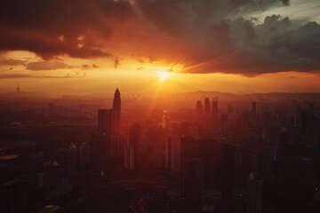 Fototapeta premium Stunning sunset time lapse over the skyline of Kuala Lumpur reveals vibrant colors and changing lights, Sunset time lapse of the amazing skyline of Kuala Lumpur in Malaysia