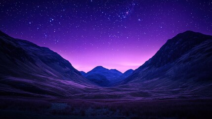 Stunning night view of a valley under a starry sky, surrounded by majestic mountains glowing in purple hues.