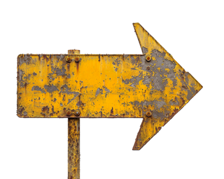 Rusty yellow road sign arrow pointing left on a transparent background