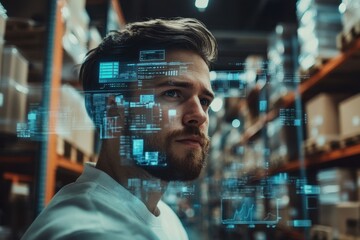 Working with data processing icons over a caucasian man in a warehouse environment, icons and data processing over caucasian man working in warehouse