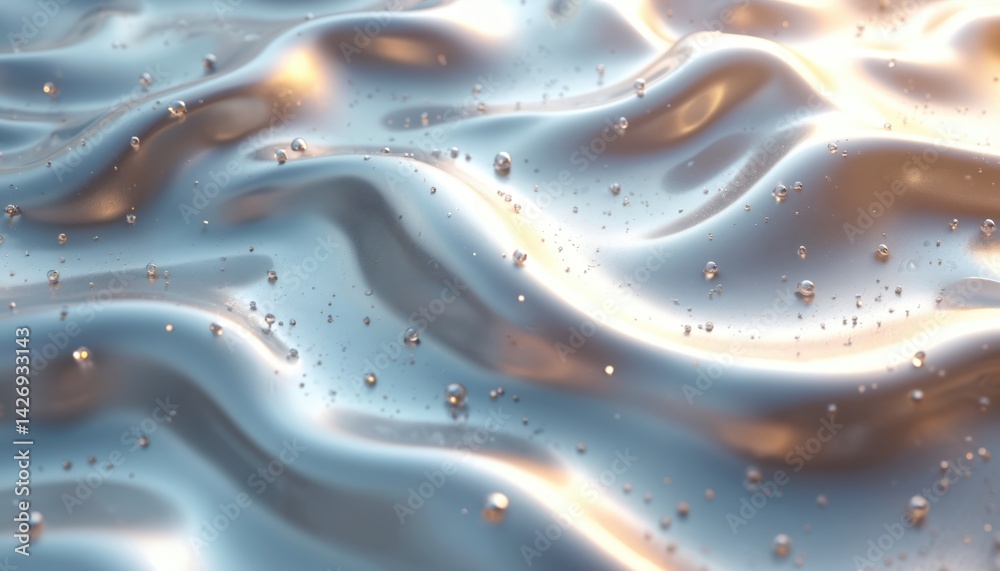 Fototapete shiny silver surface with wave pattern creates abstract backdrop. liquid flow texture, mercury drops