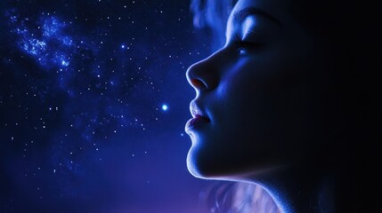 Obraz premium A dreamy woman gazing at a starry night sky filled with bright stars and cosmic wonders, capturing the beauty of the universe.