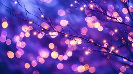 Sparkling night with glowing lights on branches under a beautiful purple sky. A magical scene full of colors and charm.