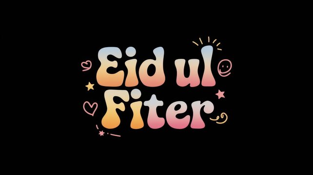 Eid ul fiter text design with pastel gradient and cute doodles on a black background illustration