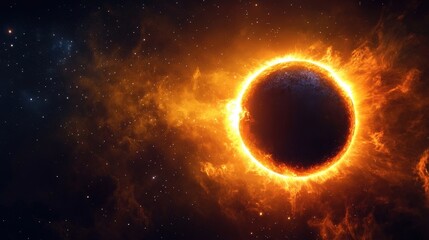 Obraz premium Radiant Solar Eclipse Over a Cosmic Background with Fiery Flames and Dark Center