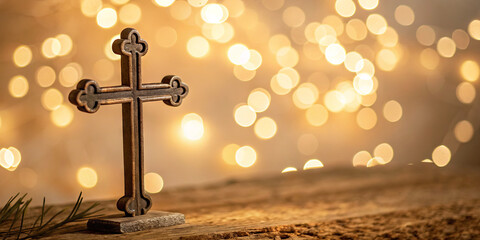 A decorative cross stands on a textured wooden surface while warm light bokeh creates a tranquil atmosphere, suggesting a peaceful moment during the holiday season
