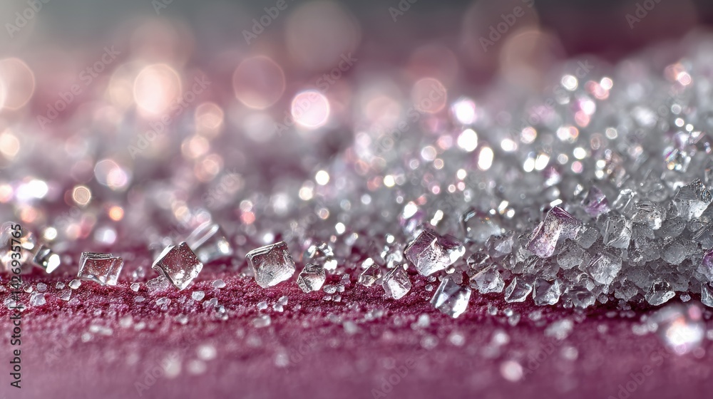 Aufkleber Macro View of Sparkling Sugar Crystals on Soft Pink Surface Highlighting Texture and Details in Natural Light