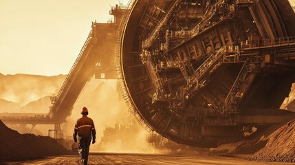 Lone Miner Contemplates Immense Mining Wheel: A Golden-Hour Industrial Scene