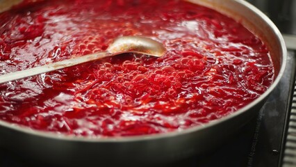 A detailed close up view of simmering beetroot soup, highlighting its rich, vibrant red color and...