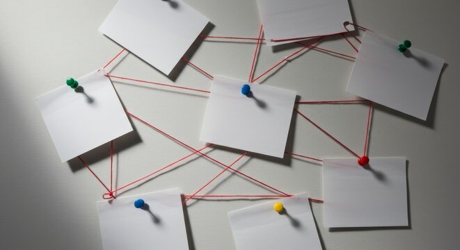 Blank paper notes connected with red threads on wall