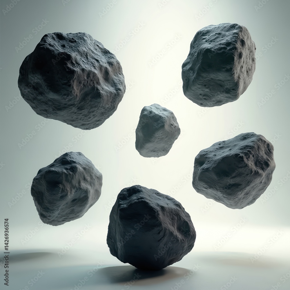 Poster Five floating meteorites asteroids with rugged cratered surfaces. Dark rocks against gradient light background, perfect for sci-fi, space exploration, geology, astronomy related themes. Solar system