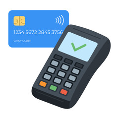 POS terminal with credit card and contactless payment approval screen, flat vector illustration for fintech apps, payment systems, banking services, and ecommerce checkout designs.
