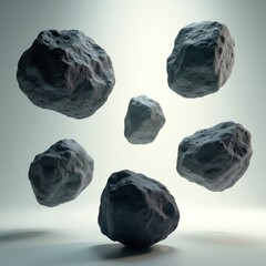 Obraz premium Five floating meteorites asteroids with rugged cratered surfaces. Dark rocks against gradient light background, perfect for sci-fi, space exploration, geology, astronomy related themes. Solar system