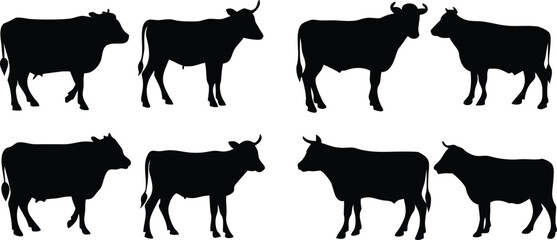 Cow Silhouette Vector Set. Farm Animal Outline Graphics for Design and Print