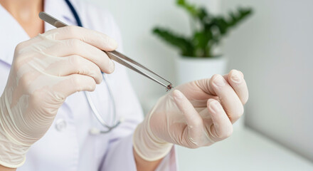 Doctor holding a tick with tweezers in gloved hand – close-up macro photo