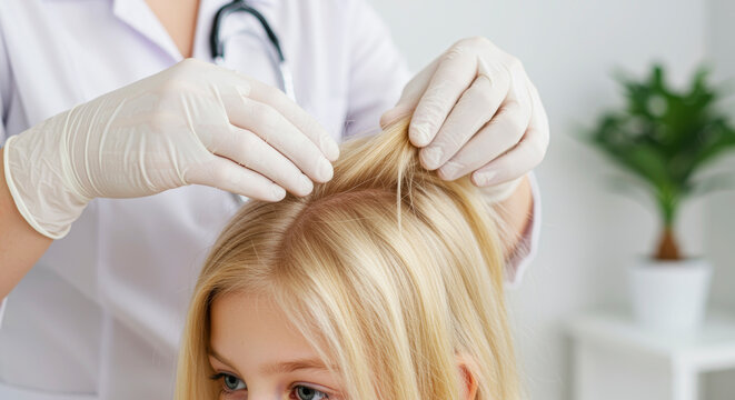 Doctor examining blonde girl's hair for lice in clinic &ndash; close-up of pediculosis check