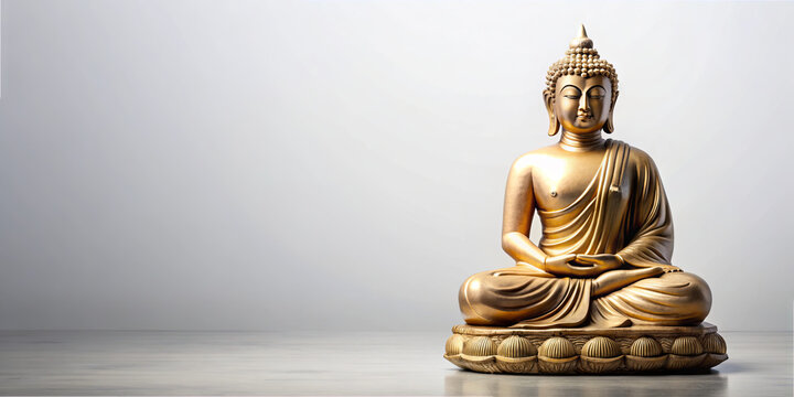 A golden Buddha statue sits in a meditative pose, exuding tranquility. The smooth surface beneath it reflects its calming presence in a minimalist setting