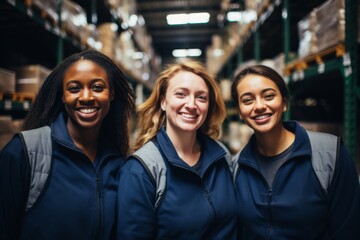 Fototapeta premium Smiling portrait of a diverse group of female warehouse workers and managers working in a warehouse